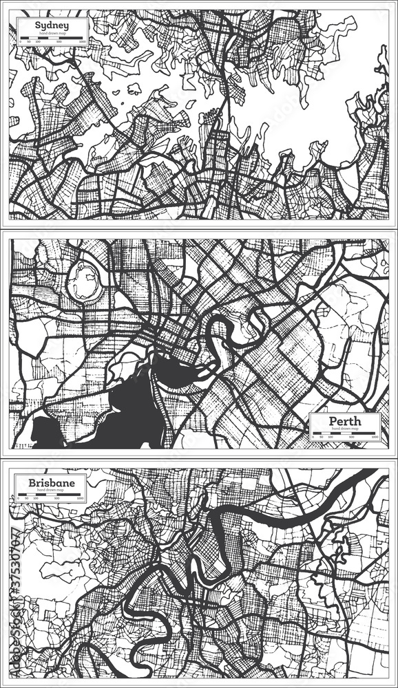 Sydney, Brisbane and Perth Australia City Maps in Black and White Color.