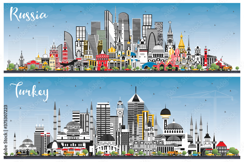 Russia and Turkey City Skylines with Gray Buildings and Blue Sky.