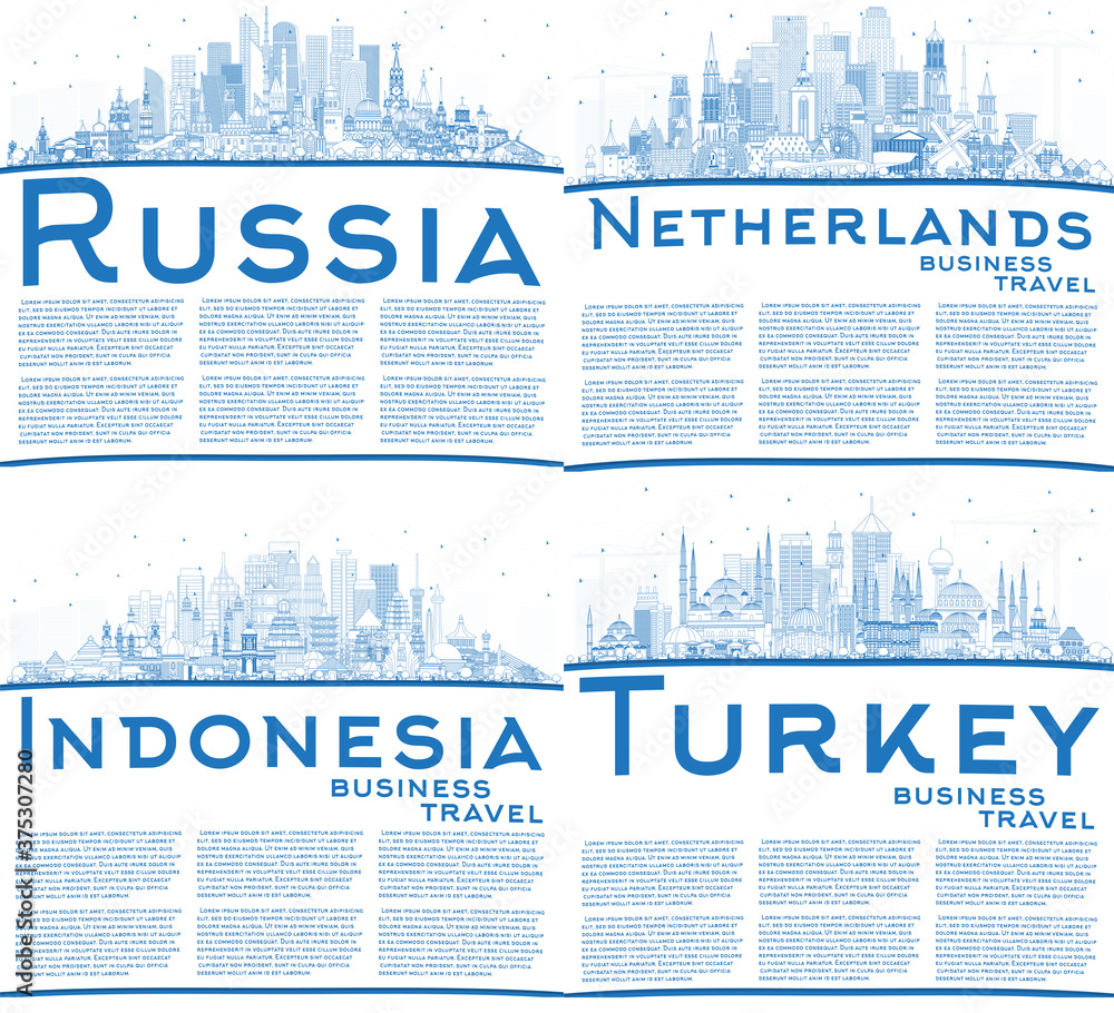 Outline Netherlands, Indonesia, Russia and Turkey City Skylines with Blue Buildings and Copy Space.