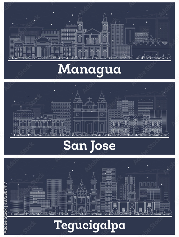 Outline Managua Nicaragua, Tegucigalpa Honduras and San Jose Costa Rica City Skyline with White Buildings.