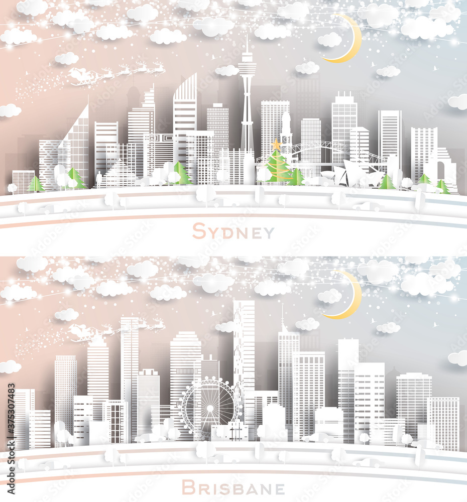 Sydney and Brisbane Australia City Skyline Set in Paper Cut Style with Snowflakes, Moon and Neon Garland.