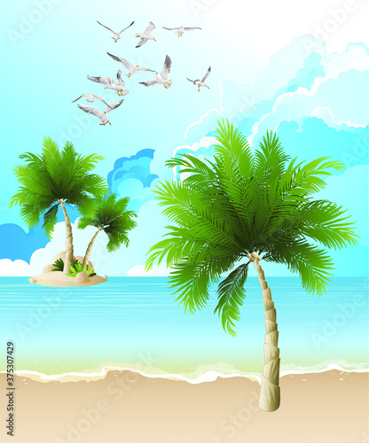 Picturesque holiday destination tropical island beach scene set against a blue cloudy sky