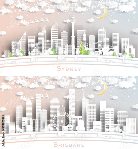 Sydney and Brisbane Australia City Skyline Set in Paper Cut Style with Snowflakes  Moon and Neon Garland.