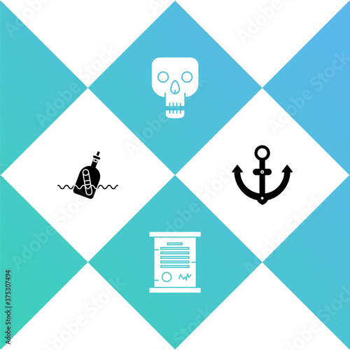 Set Bottle with message in water, Decree, parchment, scroll, Skull and Anchor icon. Vector. photo