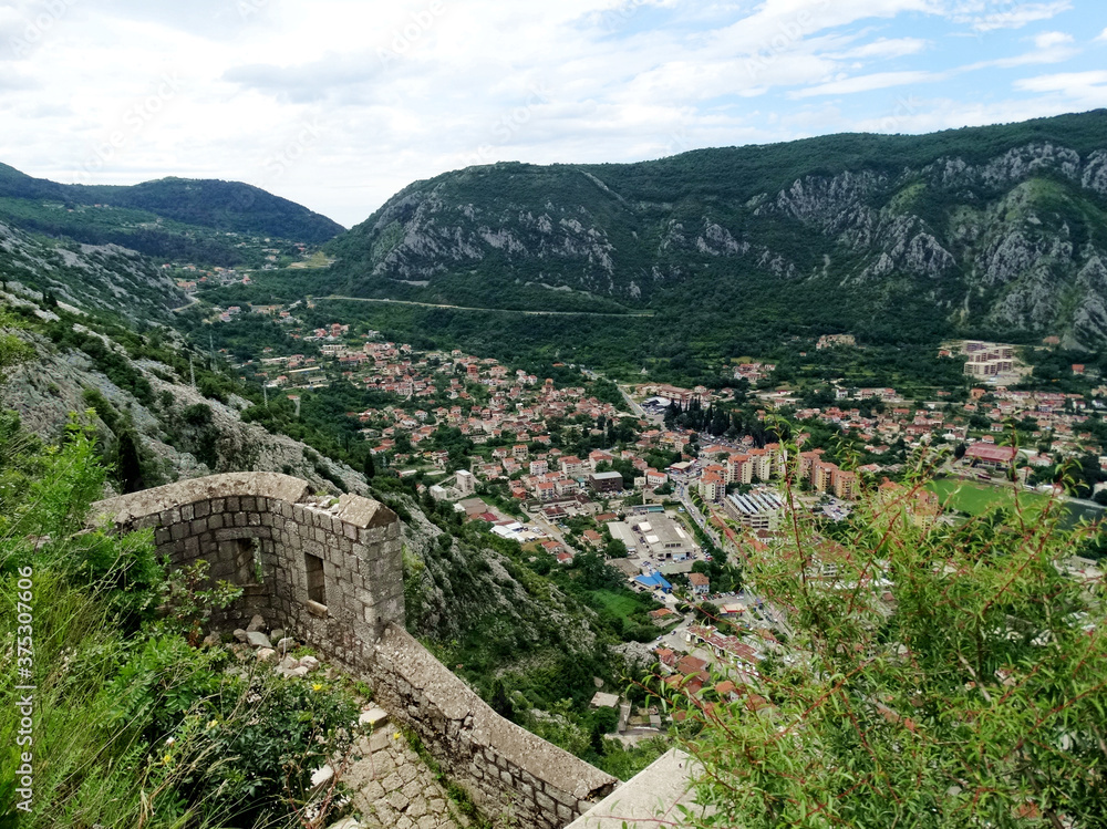 Ruined Fortifications of Kotor in Kotor, Montenegro. Fortifications of Kotor are an integrated historical fortification system that protected the medieval town of Kotor, an UNESCO Heritage Site.