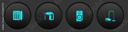 Set Telephone, Rotary hammer drill machine, Stereo speaker and Vacuum cleaner icon. Vector.