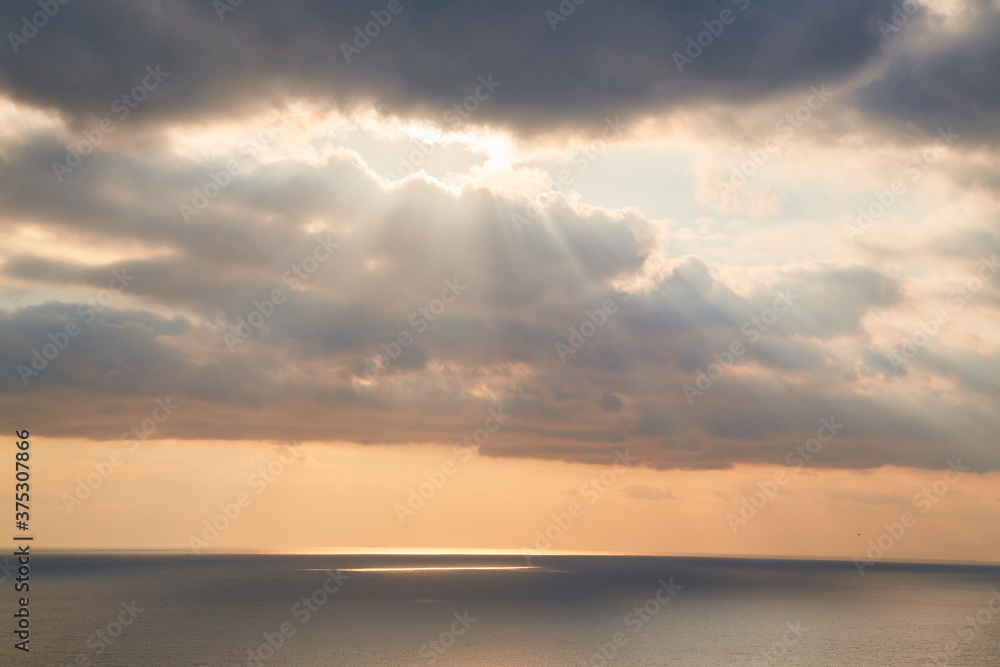 Glowing stormy sky. Stunning landscape. Virgin nature scenery. Summer time or Freedom idea. Ocean panorama.