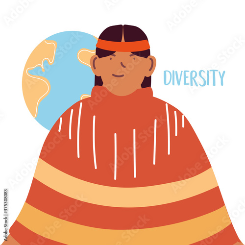 usa indian man cartoon in front of world sphere vector design