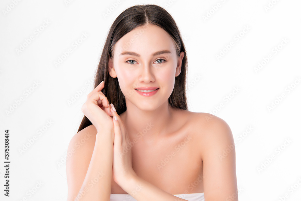 Beautiful Young Woman with Clean Fresh Skin, on white background, Face care, Facial treatment. Cosmetology, beauty and spa. women portrait Beautiful Young Woman with Clean Fresh Skin, on white background, Face care, Facial treatment. Cosmetology, beauty and spa. women portrait