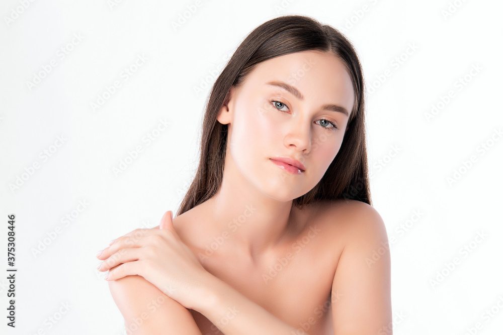Beautiful Young Woman with Clean Fresh Skin, on white background, Face care, Facial treatment. Cosmetology, beauty and spa. women portrait Beautiful Young Woman with Clean Fresh Skin, on white background, Face care, Facial treatment. Cosmetology, beauty and spa. women portrait