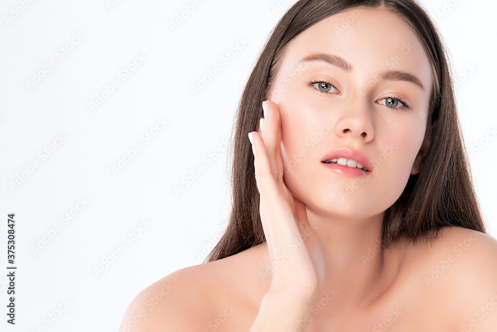 Beautiful Young Woman with Clean Fresh Skin, on white background, Face care, Facial treatment. Cosmetology, beauty and spa. women portrait Beautiful Young Woman with Clean Fresh Skin, on white background, Face care, Facial treatment. Cosmetology, beauty and spa. women portrait