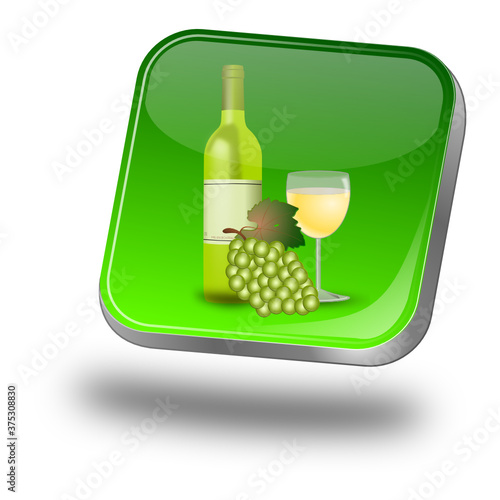 Button with wine bottle, a glass of wine and Grapes - 3D illustration