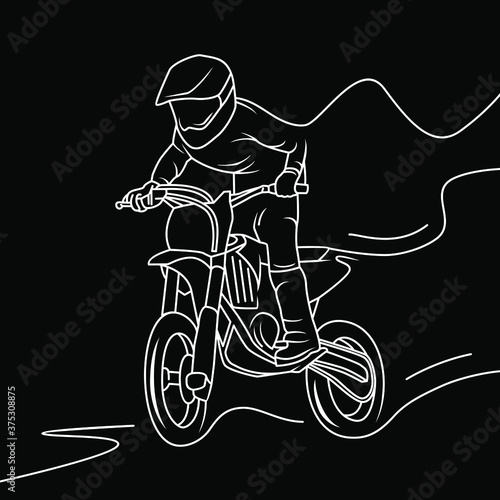 white line art motocross dirtbike illustration with black background vector