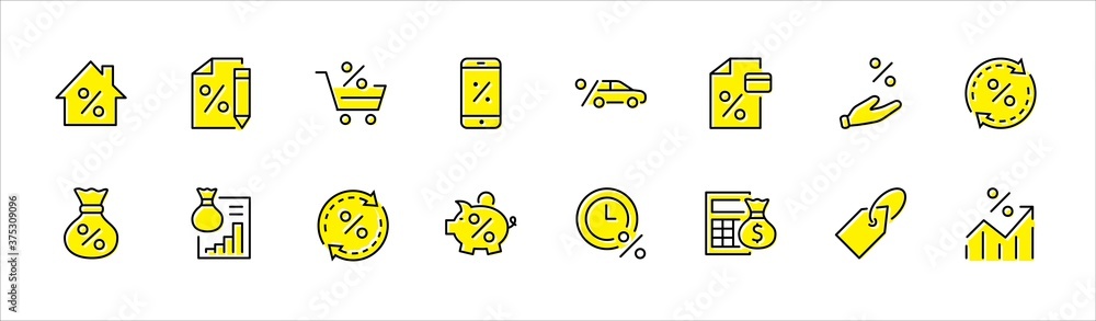 Set of Credit and Loan Related Vector Line Icons. Contains such Icons as Credit Card, Rate Calculator, Deposit and more. Editable Stroke. 320x320 Pixel Perfect