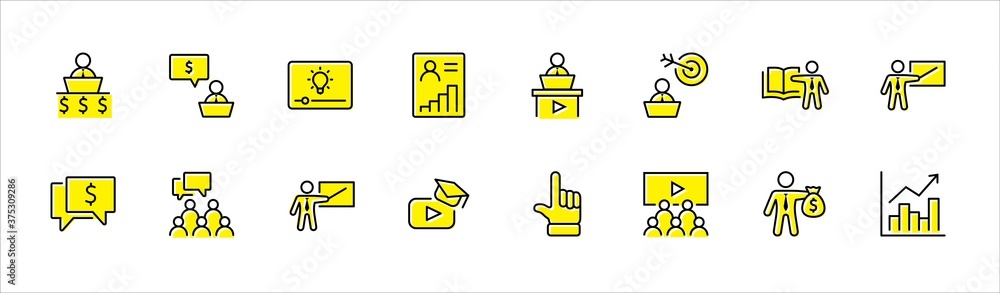 Set of Business Training Related Vector Line Icons. Contains such Icons as Teacher, Class, Presentation, Video, Book, Mentoring, Target and more. Editable Stroke. 32x32 Pixels. Set of Business Training Related Vector Line Icons. Contains such Icons as Teacher, Class, Presentation, Video, Book, Mentoring, Target and more. Editable Stroke. 32x32 Pixels.