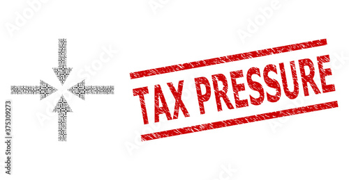 Fractal mosaic impact arrows and Tax Pressure unclean stamp seal. Vector mosaic is composed from randomized impact arrows icons. Stamp seal includes Tax Pressure tag between parallel lines.