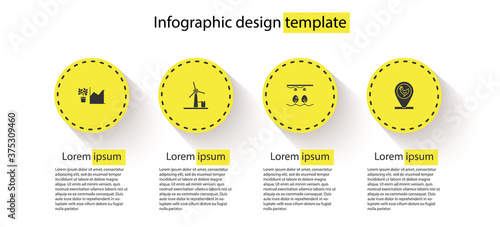 Set Flower statistics, Wind turbine, Smart farm with bulb and plant and Chicken location. Business infographic template. Vector.