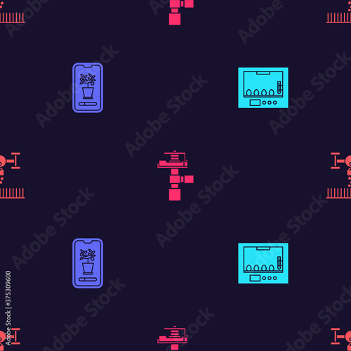 Set Incubator for eggs, Smart control farming system, Automatic irrigation sprinklers and with drone on seamless pattern. Vector.