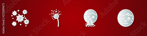 Set Bacteria, Flower producing pollen, Handkerchief to his runny nose and Man with excessive sweating icon. Vector.