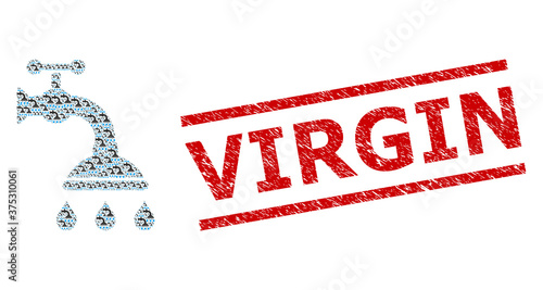 Recursive combination shower tap and Virgin grunge stamp print. Vector mosaic is done of recursive shower tap elements. Stamp includes Virgin caption between parallel lines.