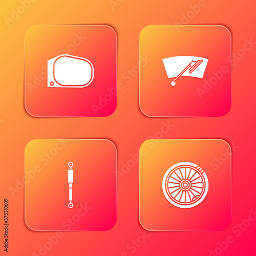 Set Car mirror, Windscreen wiper, Shock absorber and wheel icon. Vector.