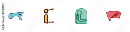 Set Car fender, Truck side mirror, Gear shifter and Windscreen wiper icon. Vector.