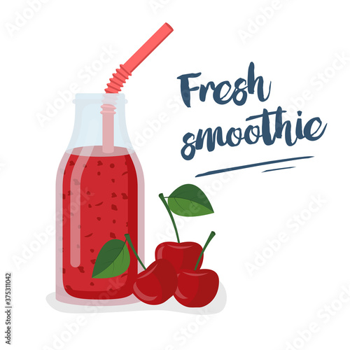 Cherry smoothie. Template for menu or banner for healthy eating. Fresh energetic drink for healthy life.Cherry juice in glass bottle with straws. Vector flat design. Landing page with text.