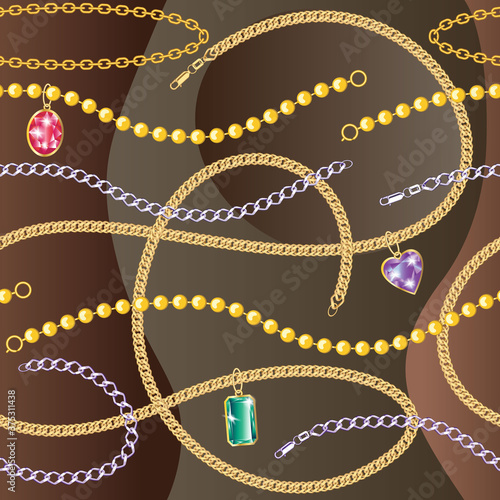 gold and silver chains and bracelets on a dark background. seamless pattern 2
