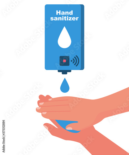 Hand sanitizer wall. People use automatic alcohol antiseptic gel. Drop of antibacterial gel in palm. Prevention coronavirus covid-19. Sanitizer bottle hygiene product. Cleaning washing hands. Vector.
