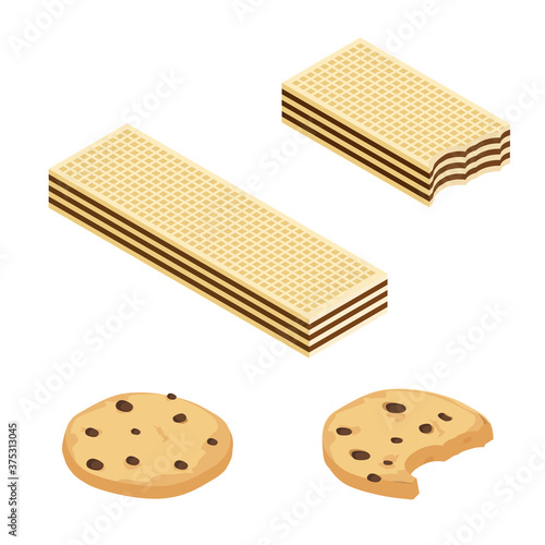 Chocolate or Cocoa cookies and crispy wafers isometric view isolated on white background.