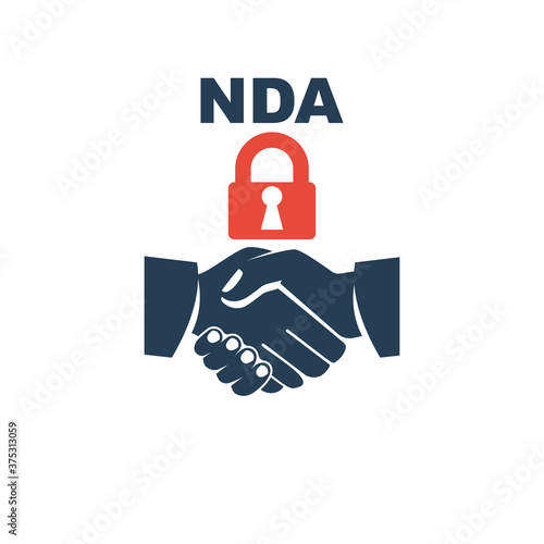 NDA logo. Black icon Non disclosure Agreement. Vector illustration flat design. Businessmen shaking hands. A successful deal. Glyph NDA concept. Privacy sign. A closed lock as a symbol of silence.