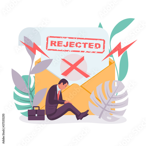 Template landing page, refusal in writing. Rejected icon. Sad businessman with a negative answer. Refusal envelope. Web banner refusal to apply. Vector illustration flat design. Isolated background.