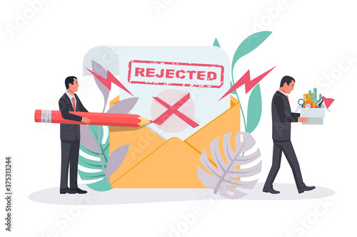 Firing employee. The boss rejects the job application. Sad man with a box in hands leaves work. Crisis in job. Vector illustration flat design. Landing page refusal of employment.