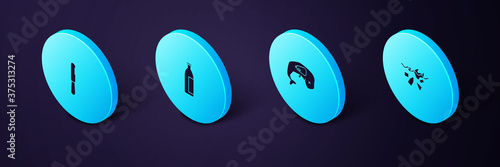 Set Isometric Problem of pollution planet, Environment protection whale dead, Lotion cosmetic tube and Disposable plastic knife icon. Vector.