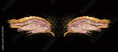 Golden glitter on abstract gold and pink hand painted wings on black background
