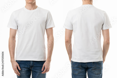 Two white blank t-shirts isolated on white background on unrecognizable man for template design 