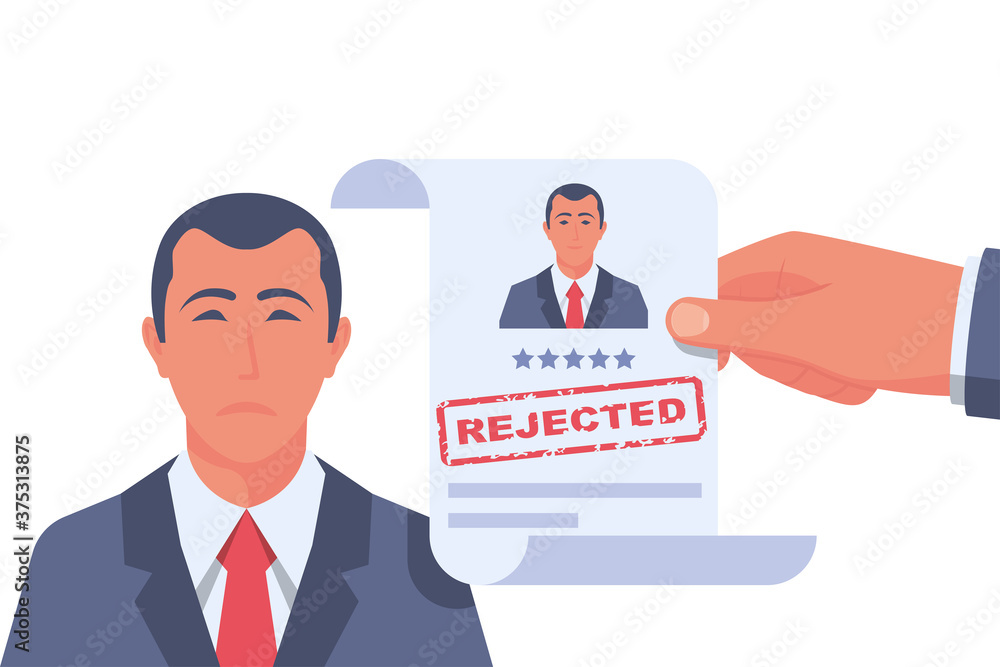 Reject resume. Head hunter holds a stamped candidate document rejecting a job application. Sad business manager. Job search. Vector flat design. Isolated on white background. Bad news about work. Reject resume. Head hunter holds a stamped candidate document rejecting a job application. Sad business manager. Job search. Vector flat design. Isolated on white background. Bad news about work.