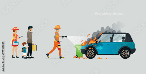 Rescue firefighters are helping one family's car in the fire.
