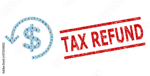 Recursive mosaic refund and Tax Refund textured seal. Vector mosaic is composed of recursive refund icons. Stamp seal includes Tax Refund caption between parallel lines.
