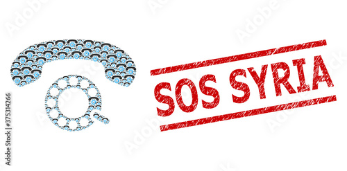 Recursion mosaic pulse dialing and Sos Syria textured stamp seal. Vector mosaic is created with random pulse dialing parts. Stamp seal includes Sos Syria tag between parallel lines.