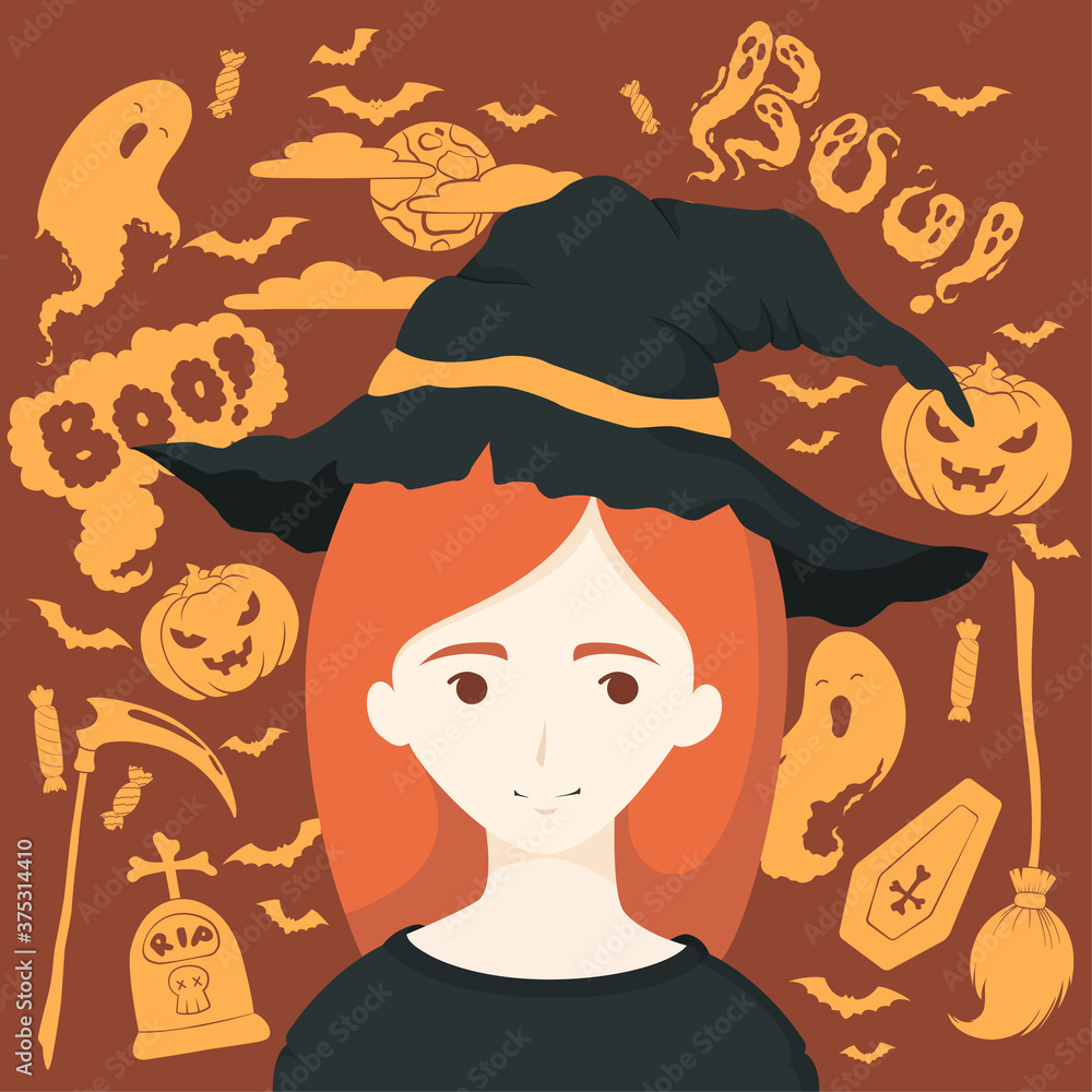 Happy Halloween greeting card with witch in hat and halloween decoration elements. Vector illustration for greeting card, poster, party invitation, print Happy Halloween greeting card with witch in hat and halloween decoration elements. Vector illustration for greeting card, poster, party invitation, print