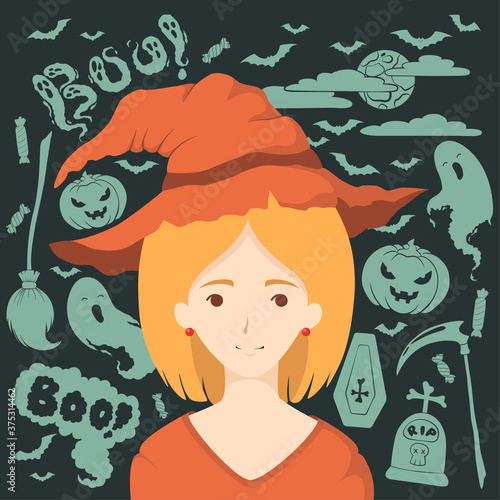 Happy Halloween greeting card with witch in hat and halloween decoration elements. Vector illustration for poster  print  greeting card  party invitation