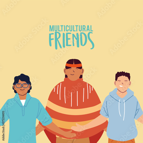 latin usa indian and asian men cartoons vector design