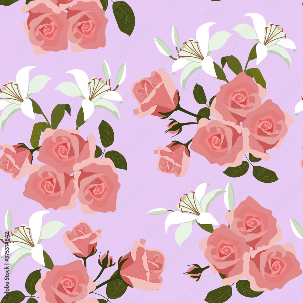 Fototapeta Seamless vector illustration with roses and lily