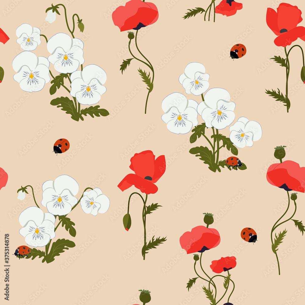 Seamless vector illustration with pansies, poppy and ladybird