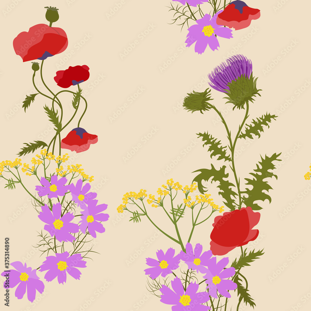 Seamless vector illustration with thistle, poppy and yarrow