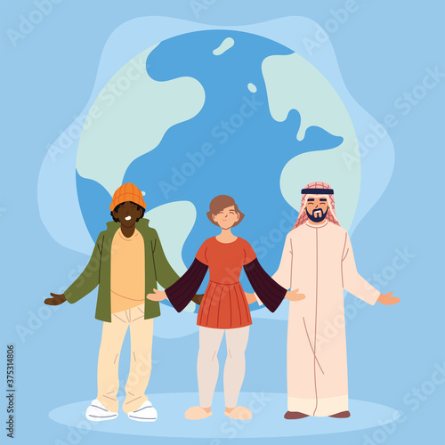 woman black and arabish men cartoons with world sphere vector design