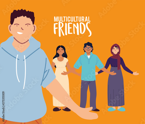 asian man in front of indian muslim women and man cartoons vector design