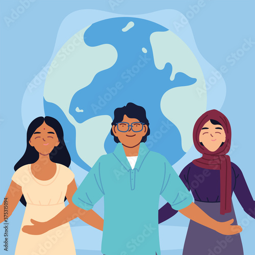 indian muslim women and man cartoons with world sphere vector design