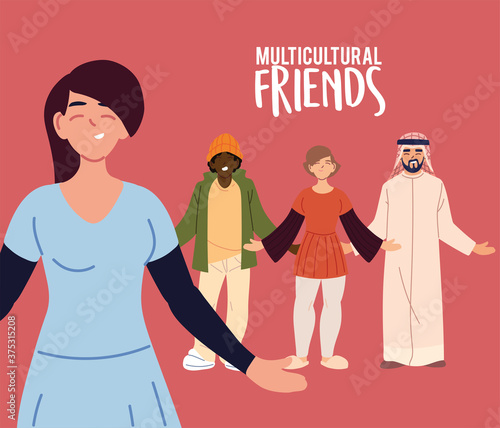 latin woman in front of woman black and arabish men cartoons vector design
